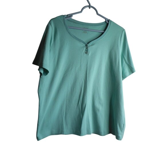 Green short sleeve faux Henley style casual top pullover Size 1X - Picture 1 of 4